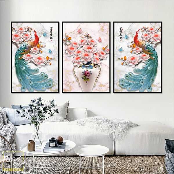  Bộ 3 Tranh Chim Công Và Bình Hoa C0507 