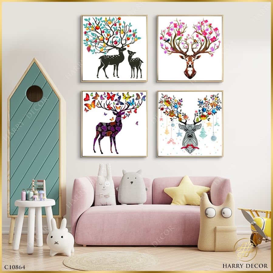  Bộ 4 Tranh Vuông Hươu Nai Sắc Màu C10864 