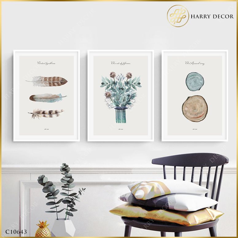  Bộ 3 Tranh Hoa Và Lông Vũ Nhẹ Nhàng C10643 