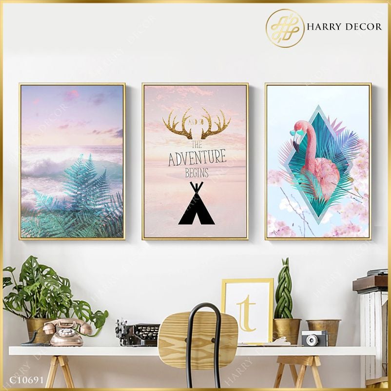  Bộ 3 Tranh Hồng Hạc & Sừng Nai C10691 