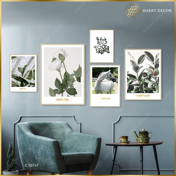  Bộ 5 Tranh Lá Xanh & Hoa Hồng Trắng ZC10767 