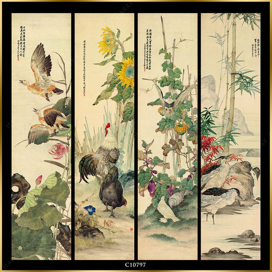  Bộ 4 Tranh Hoa Và Chim Truyền Thống C10797 
