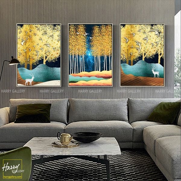 Bộ 3 Tranh Hoa Vàng Hiện Đại Và Chú Nai CS0192 