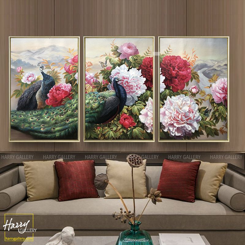  Bộ 3 Tranh Đôi Chim Công Giữa Rừng Hoa Mẫu Đơn CS0401 