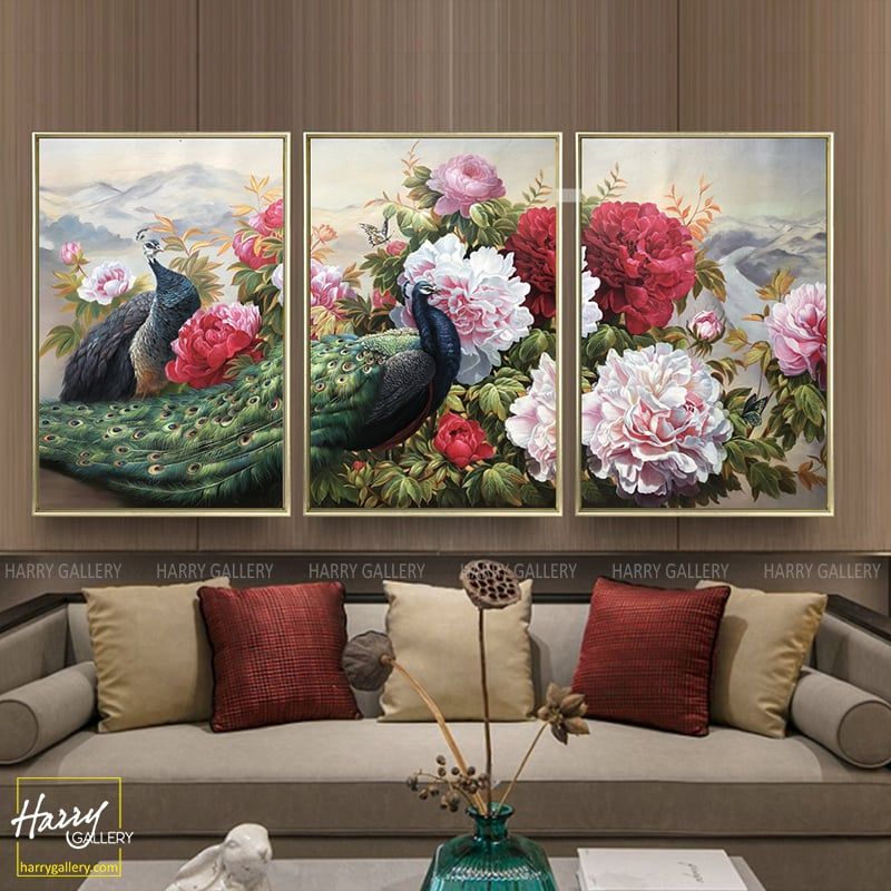  Bộ 3 Tranh Đôi Chim Công Giữa Rừng Hoa Mẫu Đơn CS0401 