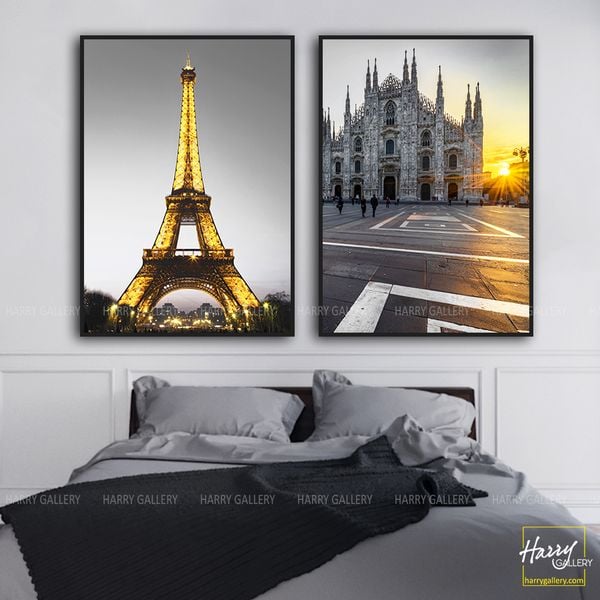  Bộ 2 Tranh tháp Eiffel Paris và Nhà thờ chính tòa Milano C0441 