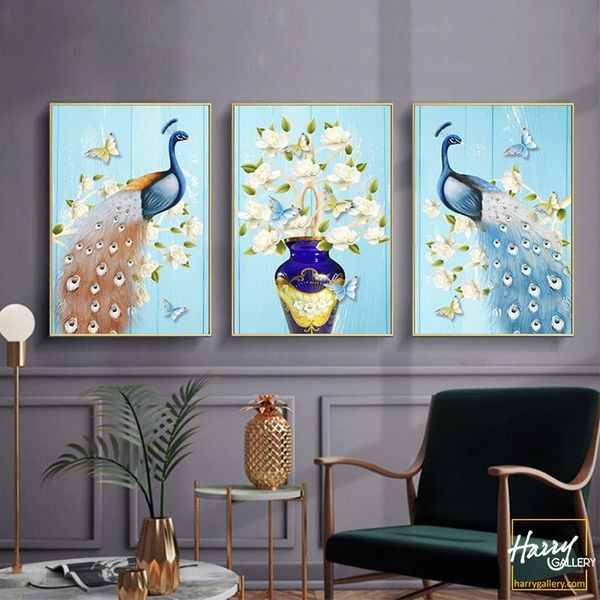  Bộ 3 Tranh Chim Công Và Bình Hoa C0267 