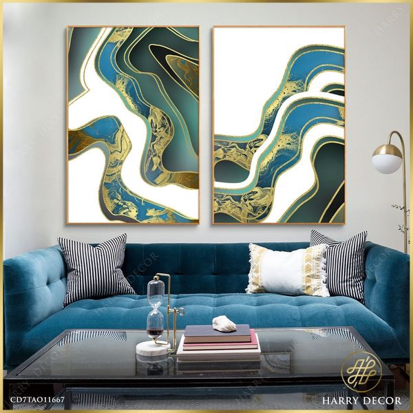  Bộ 2 Tranh Abstract Blue Golden Striped 2 CD7TAO11667 