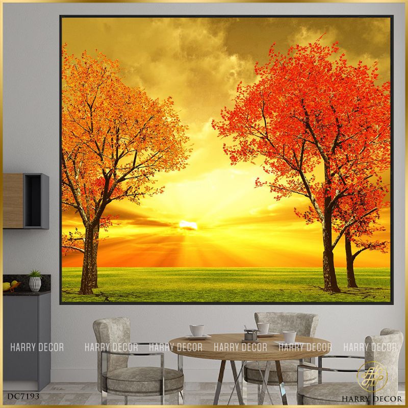  Tranh Vuông Cây Lá Vàng Dưới Trời Rực Lửa DC7193 