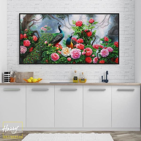  Tranh Đôi Chim Công Giữa Rừng Hoa Mẫu Đơn CS0154 
