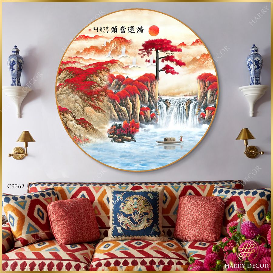  Tranh Tròn Thác Trắng Đàn Hạc Bay Núi Hồng C9362 