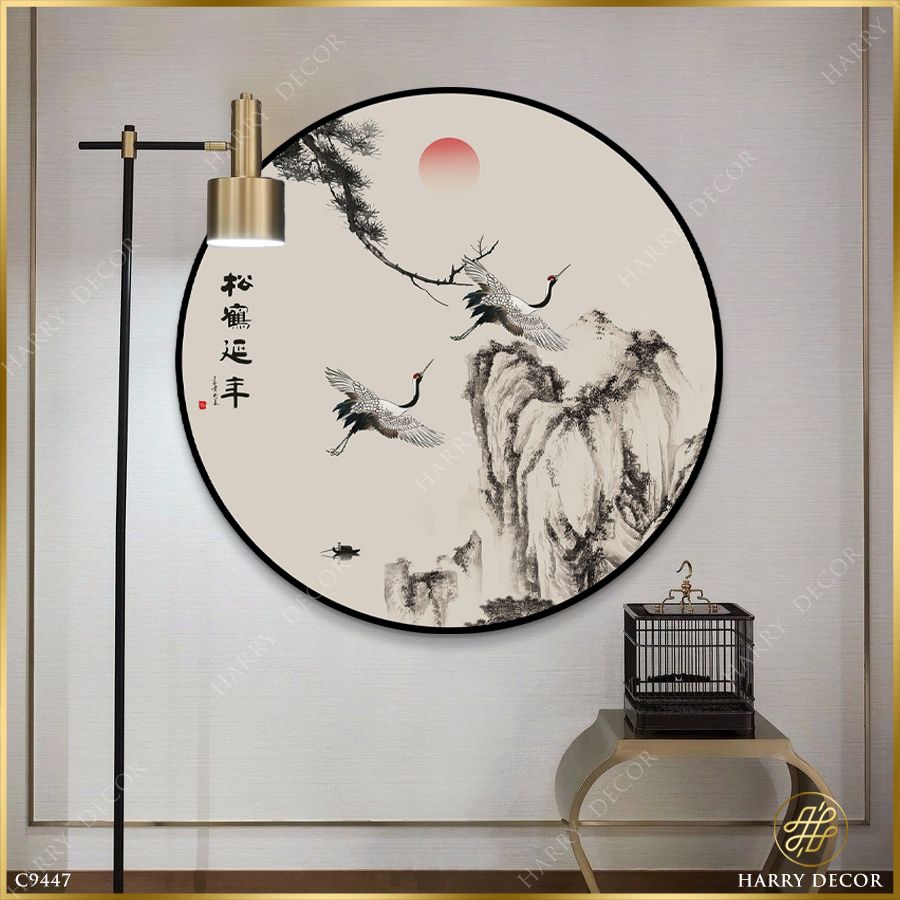  Tranh Tròn Vẽ Hạc Đẹp Đôi C9447 