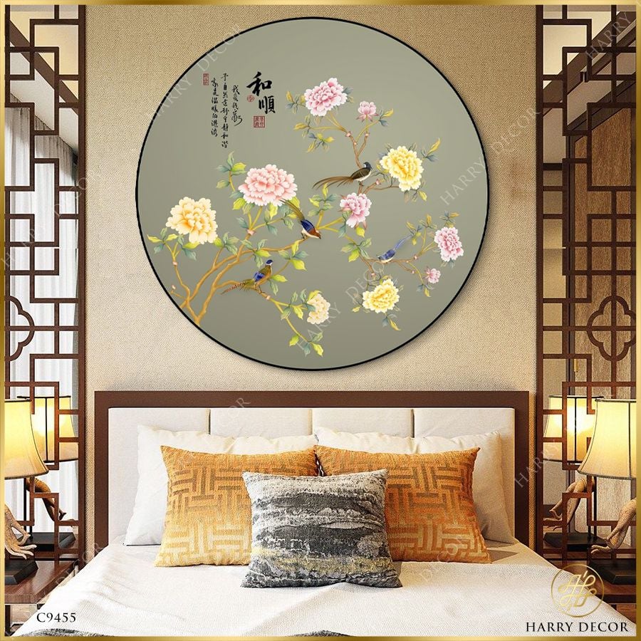  Tranh Tròn Mẫu Đơn Rực Rỡ Vẹn Tình Chung C9455 