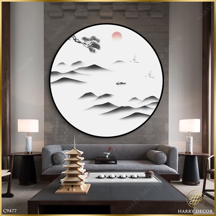  Tranh Tròn Núi Mấp Mô Sương Mờ Bao Phủ C9477 