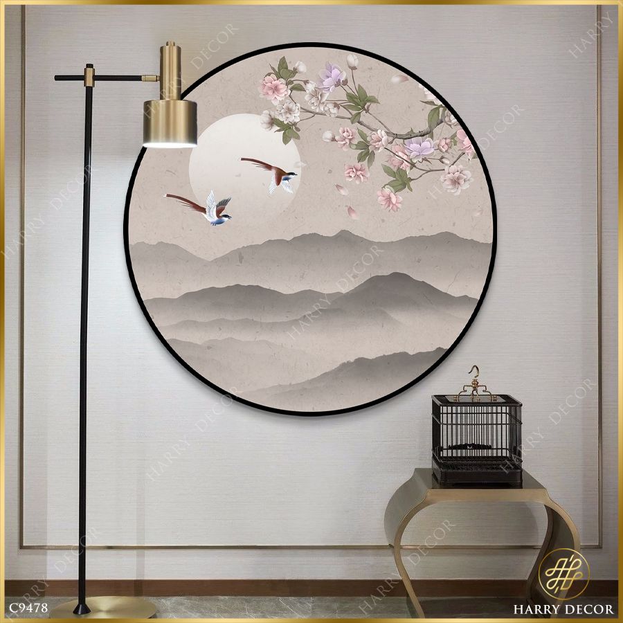  Tranh Tròn Đôi Chim Bên Nhành Mộc Lan Sắc Thắm C9478 