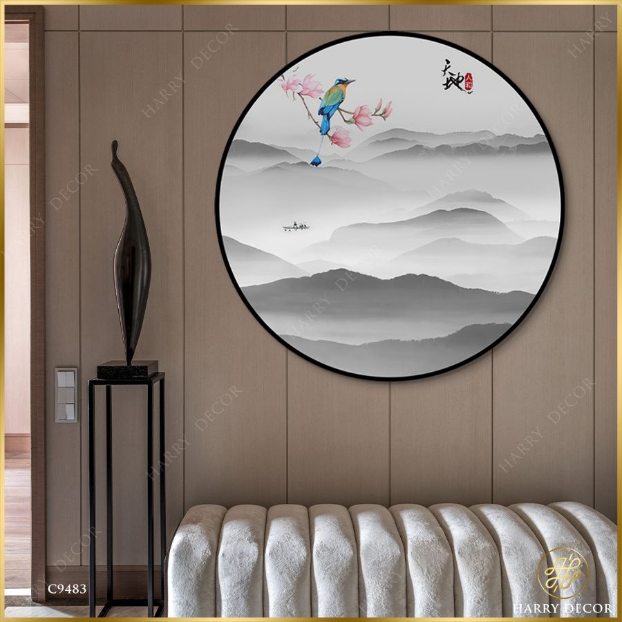  Tranh Tròn Chú Chim Trên Nhành Mộc Lan Hồng Phấn C9483 