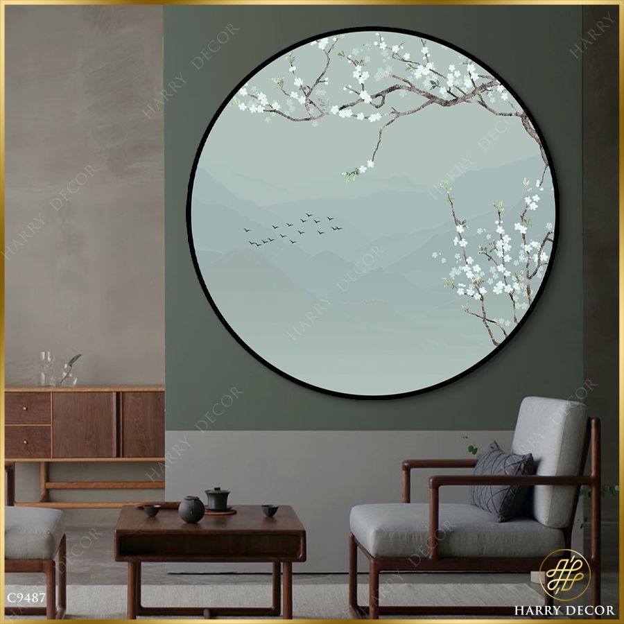  Tranh Tròn Hoa Trắng Dịu Dàng Trên Cành C9487 