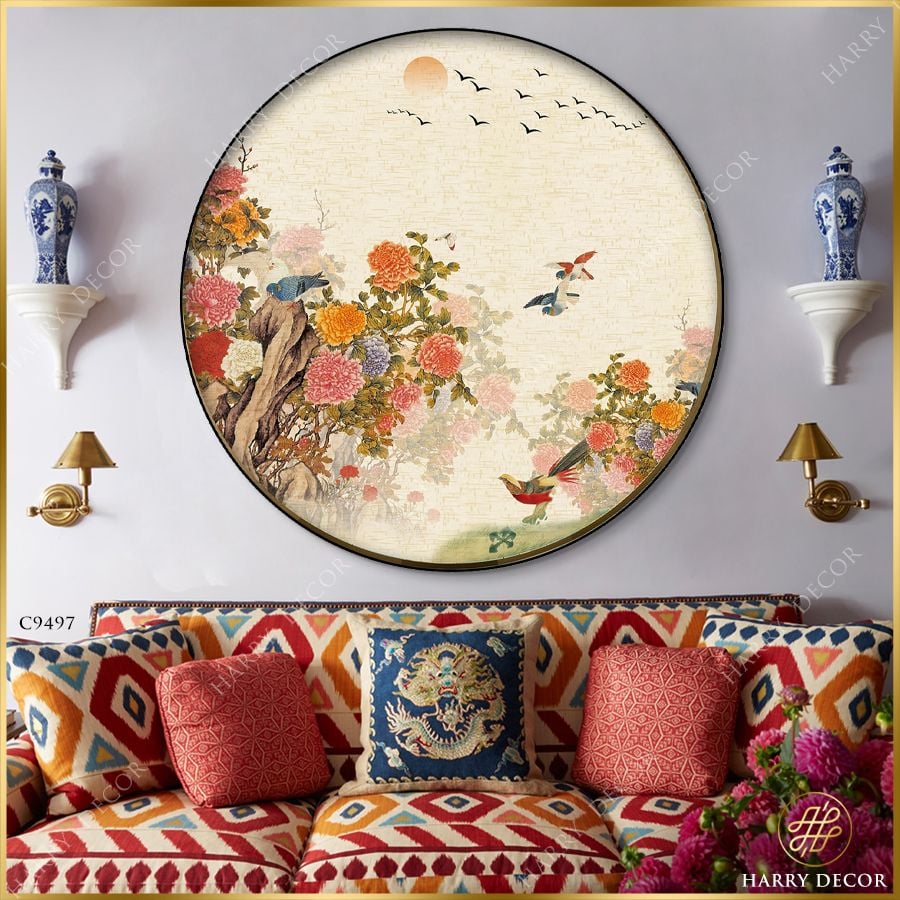  Tranh Tròn Hoa Mẫu Đơn Vỗ Về Thấp Thoáng C9497 