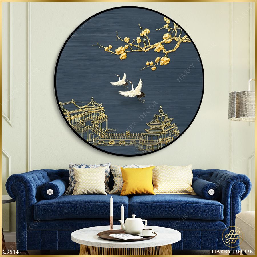  Tranh Tròn Mai Đầu Cành Đôi Hoàng Hạc C9514 