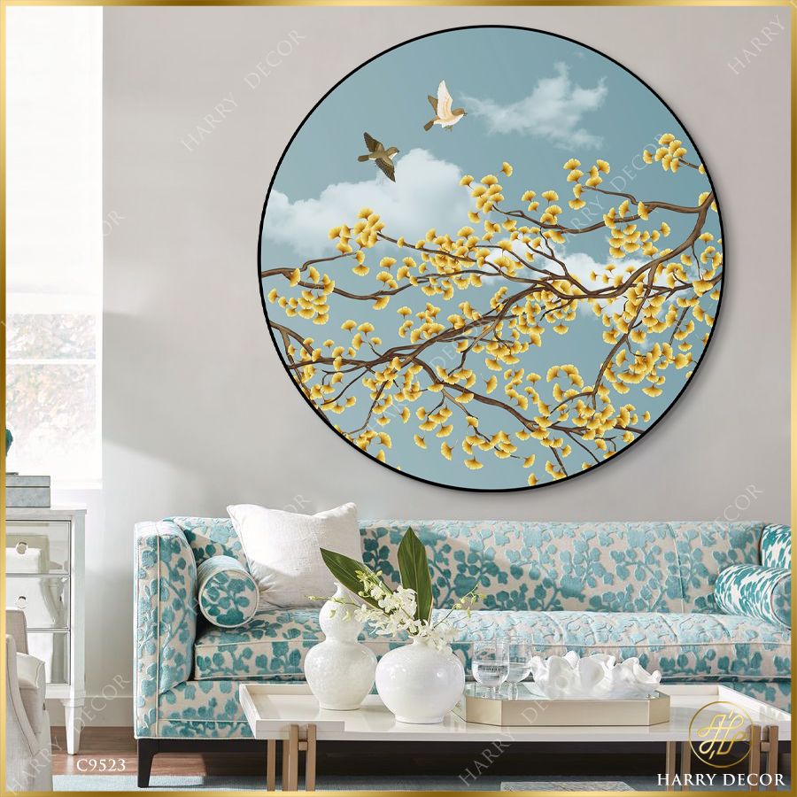  Tranh Tròn Lá Vàng Lung Lay Mây Trắng C9523 
