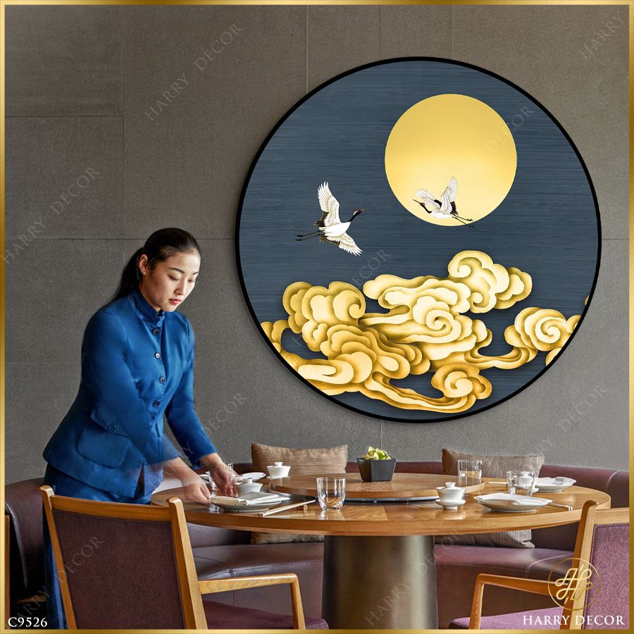  Tranh Tròn Hạc Bay Qua Ánh Trăng Vàng C9526 