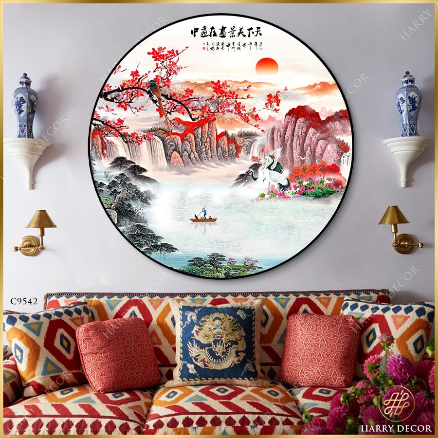  Tranh Tròn Nhành Mận Đỏ Ngang Trời Núi 1 C9542 