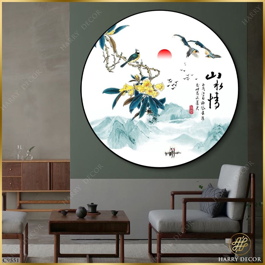  Tranh Tròn Nhánh Hòa Vàng Lửng Lơ Giữa Núi C9551 