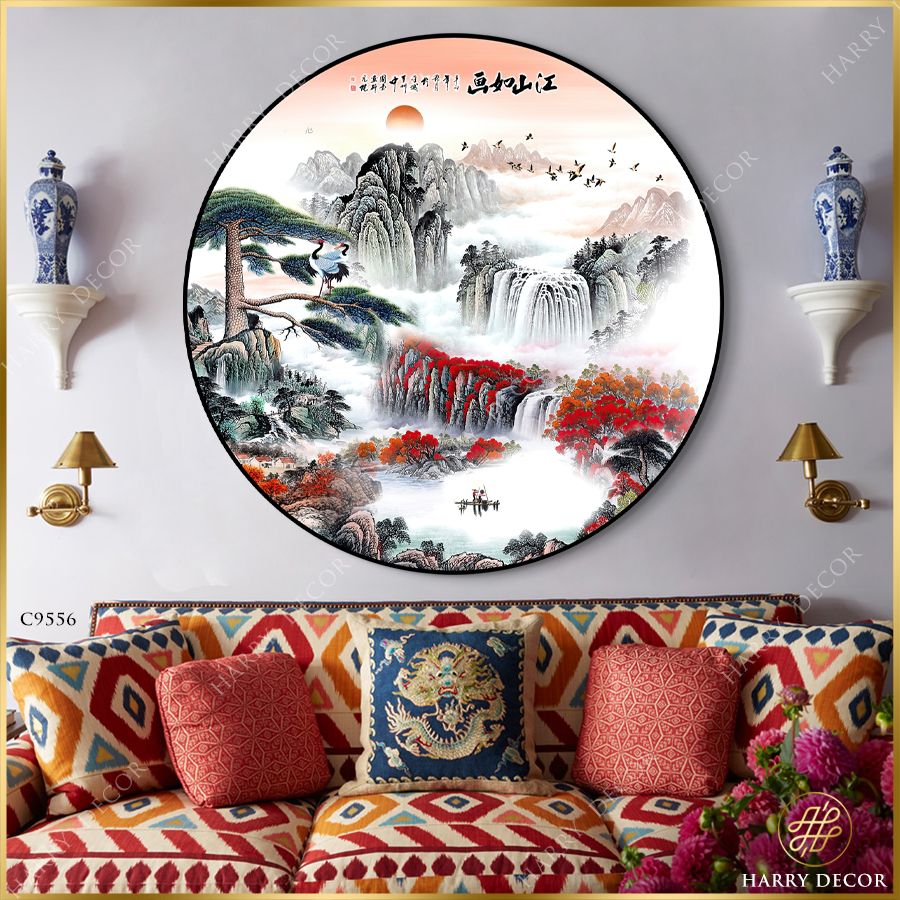  Tranh Tròn Đôi Hạc Trên Cành Đại Thụ Ven Núi C9556 