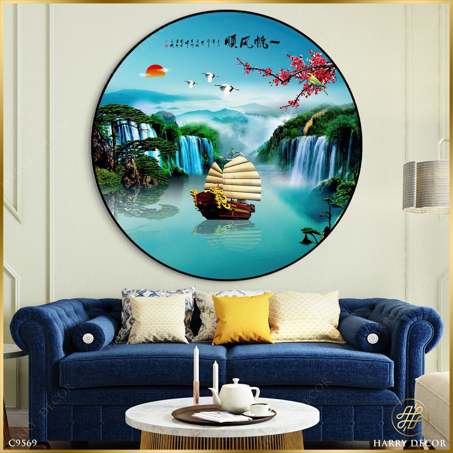  Tranh Tròn Thuyền Giữa Sông Chiều C9569 