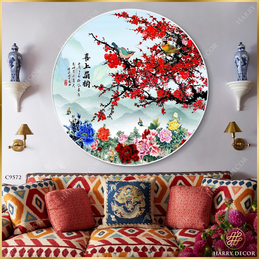  Tranh Tròn Mận Đào Chen Sắc Mẫu Đơn C9572 