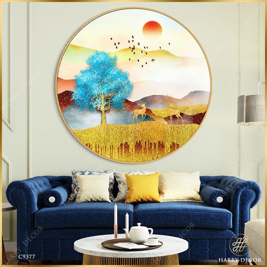  Tranh Tròn Đôi Hươu Phấn Khởi Bên Núi C9377 