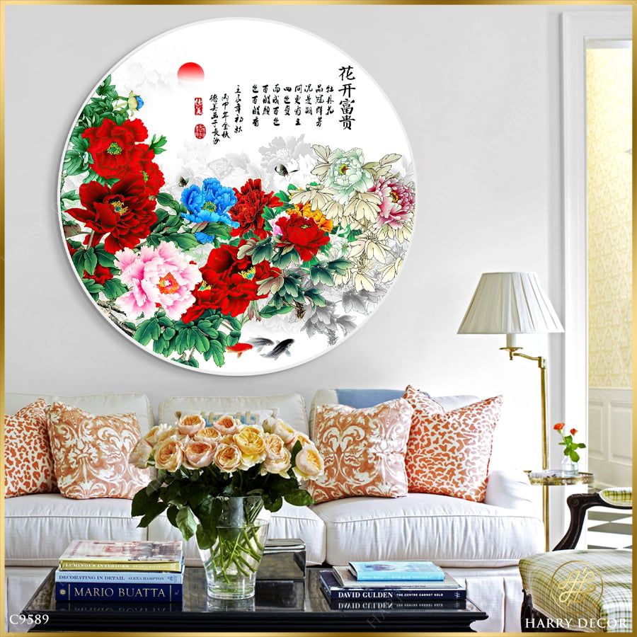  Tranh Tròn Mơn Man Mẫu Đơn Khoe Sắc Thắm 2 C9589 