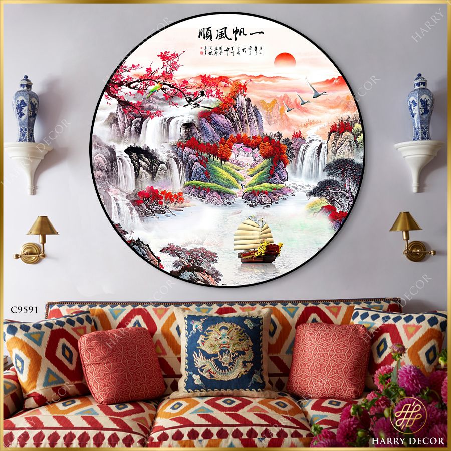  Tranh Tròn Nhành Mận Đỏ Ngang Trời Núi 7 C9591 