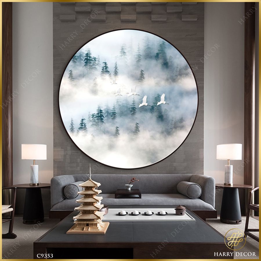  Tranh Tròn Đàn Hạc Trắng Bay Qua Sương Mờ  C9353 