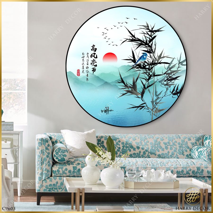  Tranh Tròn Chim Xanh Đậu Trên Nhành Trúc 1 C9603 