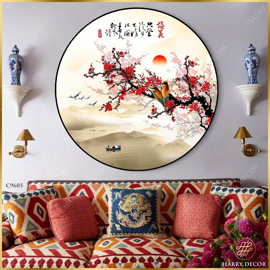  Tranh Tròn Nhành Mận Đỏ Ngang Trời Núi 10 C605 