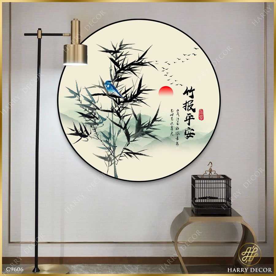  Tranh Tròn Chim Xanh Đậu Trên Nhành Trúc 2 C9606 