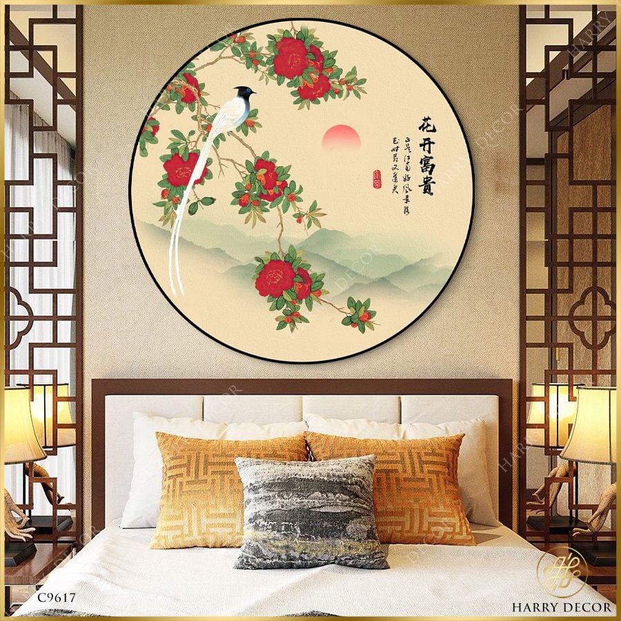  Tranh Tròn Chim Mãi Bên Hoa Son Sắc C9617 