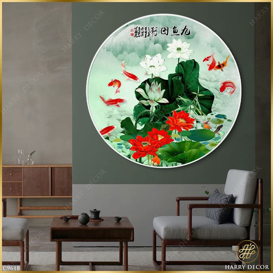  Tranh Tròn Đàn Cá Sinh Động Bên Hoa Sen 1 C9618 