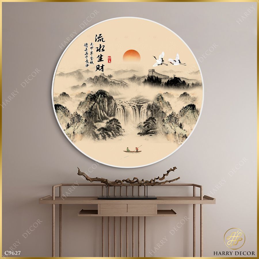  Tranh Tròn Hạc Bay Qua Núi Mờ Sương C9627 