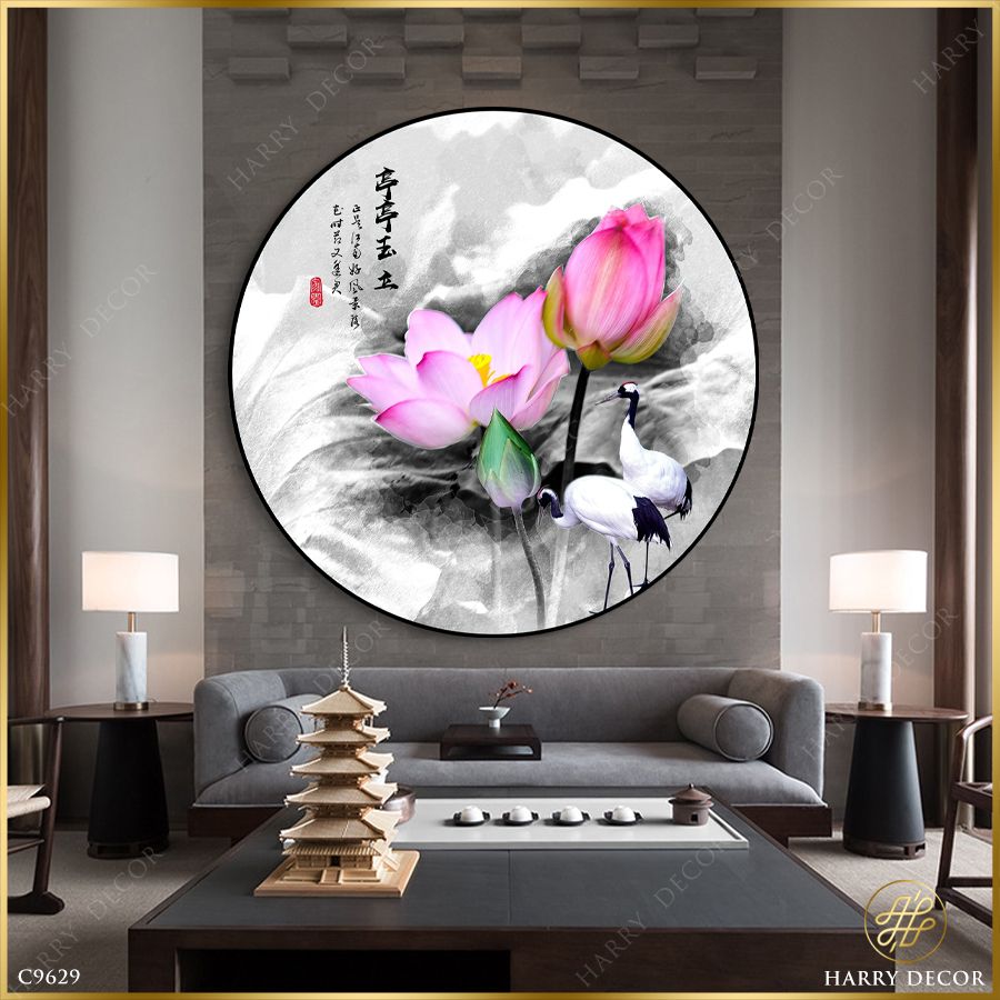  Tranh Tròn Hạc Trắng Sen Hồng C9629 
