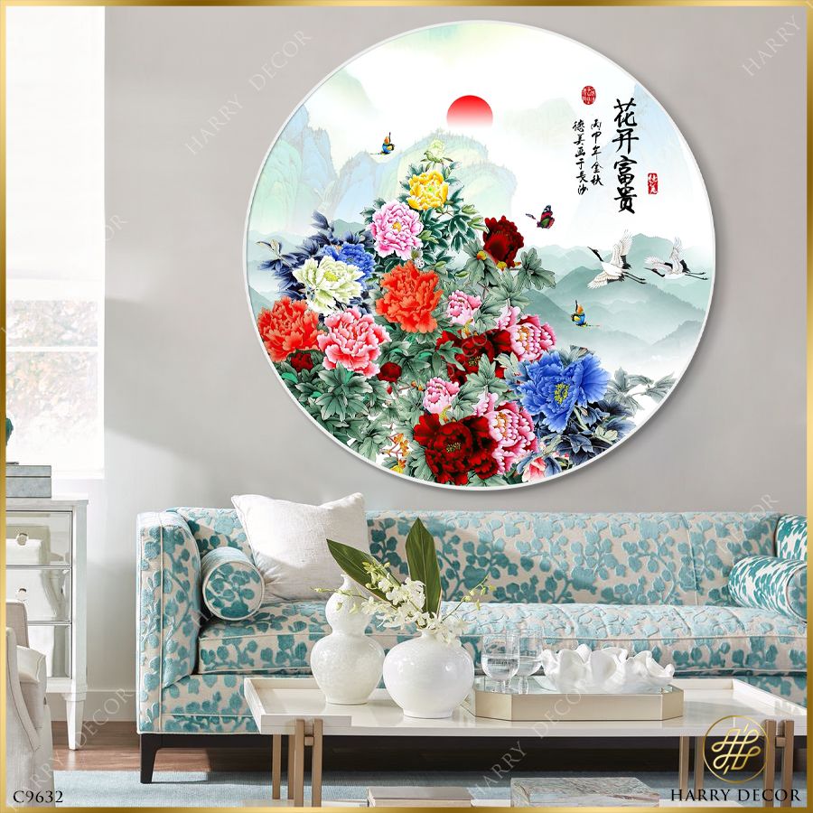  Tranh Tròn Mơn Man Mẫu Đơn Khoe Sắc Thắm 10 C9632 