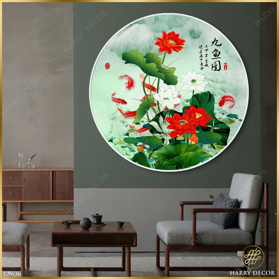 Tranh Tròn Đàn Cá Sinh Động Bên Hoa Sen 2 C9636 