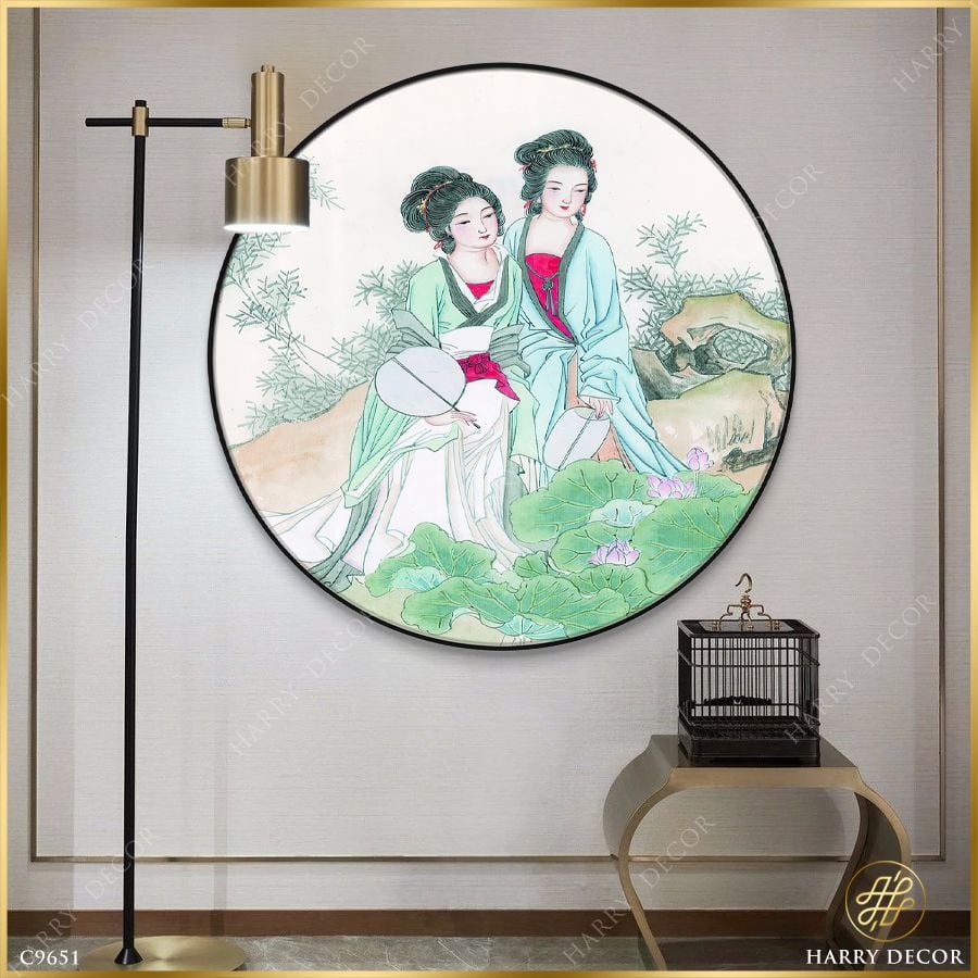 Tranh Tròn Cô Gái Xinh Đẹp Bên Đầm Hoa Sen C9651 