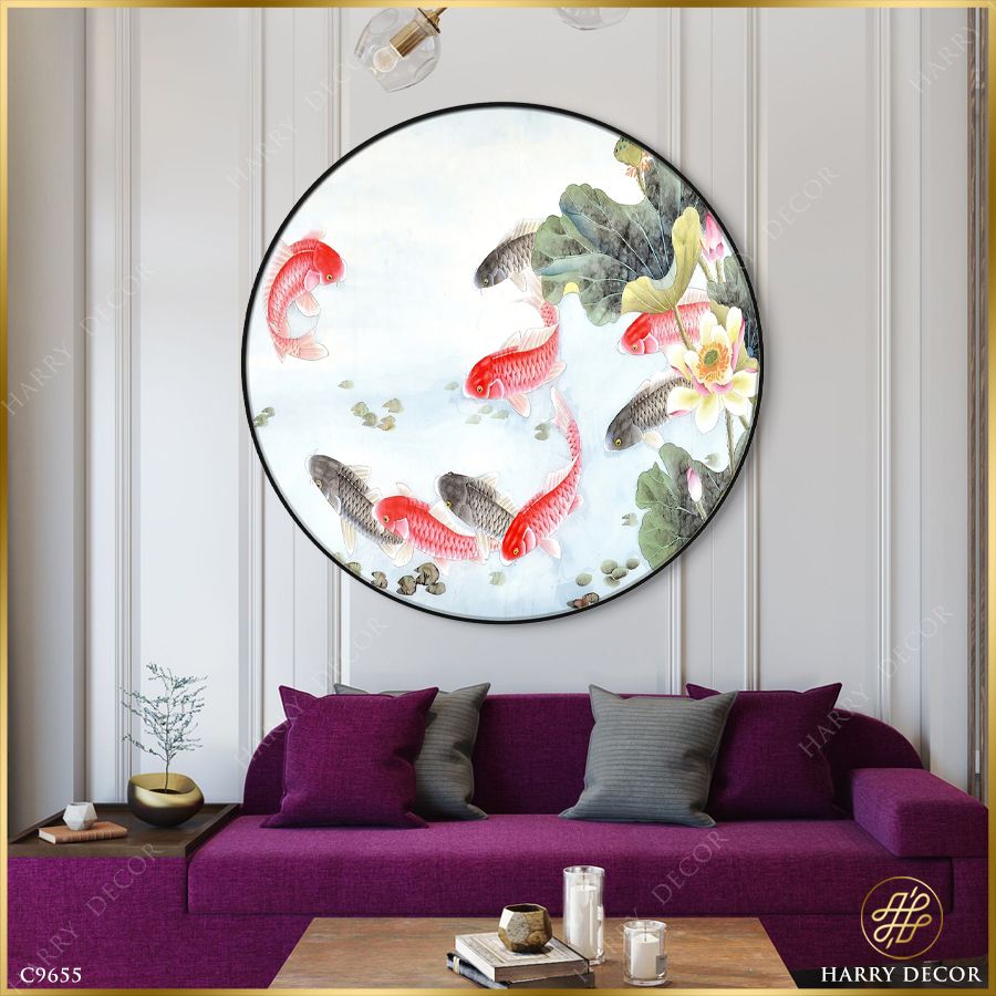  Tranh Tròn Đàn Cá Sinh Động Bên Hoa Sen 3 C9655 
