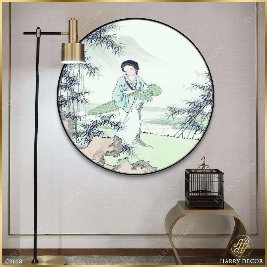  Tranh Tròn Ôm Đàn Qua Khóm Trúc C9658 