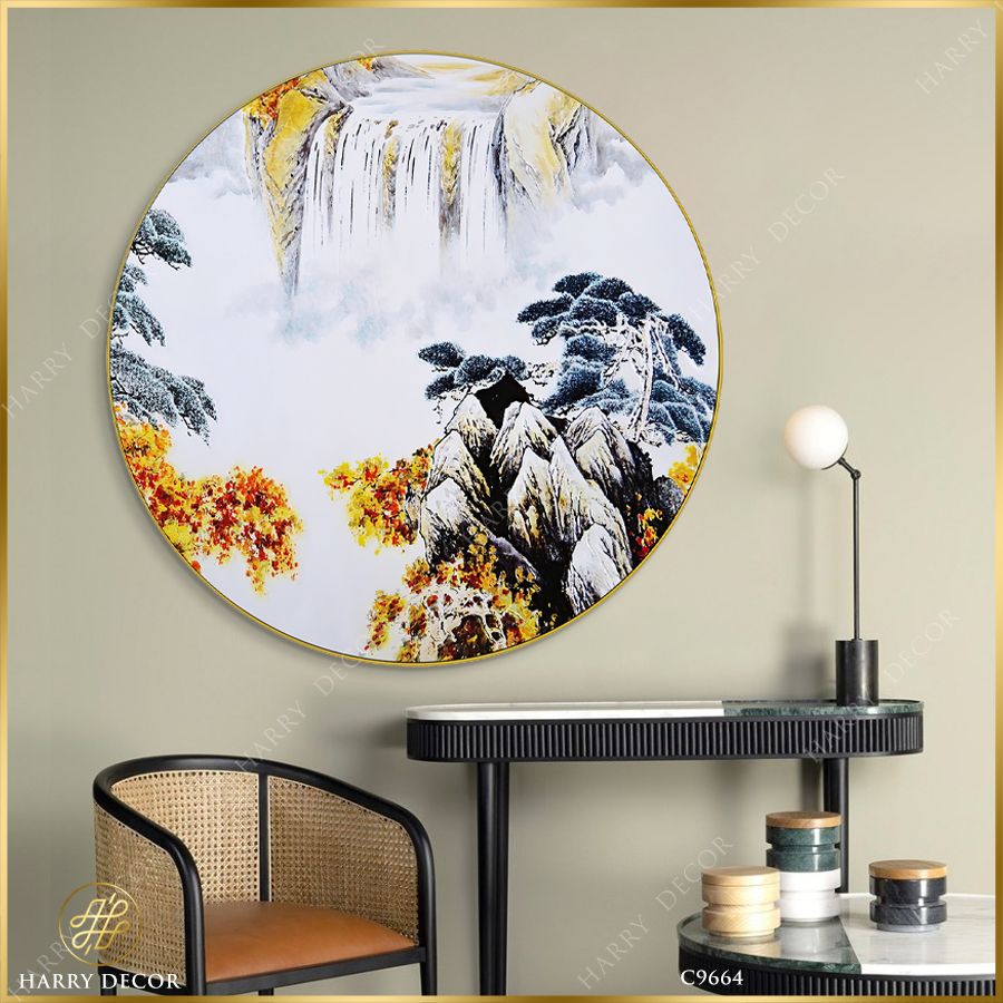  Tranh Tròn Sương Trắng Lá Vàng Đỉnh Núi Cao C9664 