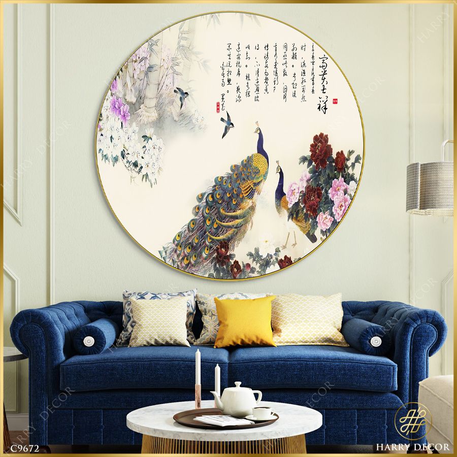  Tranh Tròn Khổng Tước Bên Bụi Mẫu Đơn C9672 