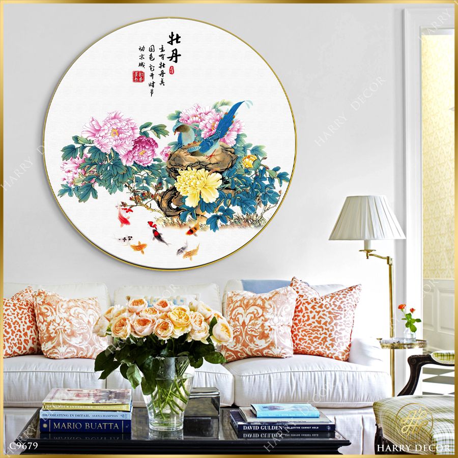  Tranh Tròn Đàn Cá Lội Dưới Bụi Mẫu Đơn C9679 