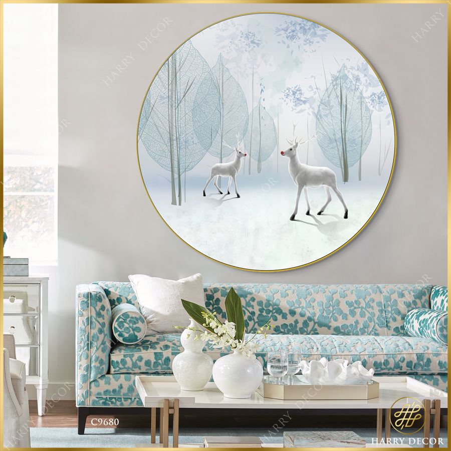  Tranh Tròn Đôi Hươu Tuyết Trắng Muốt C9680 